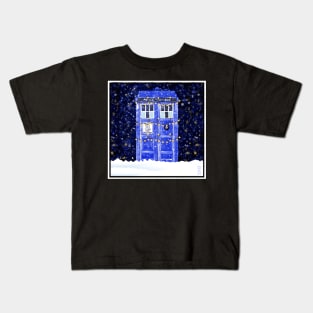 Blue Police Box With Christmas Lights Snow and Stars Kids T-Shirt